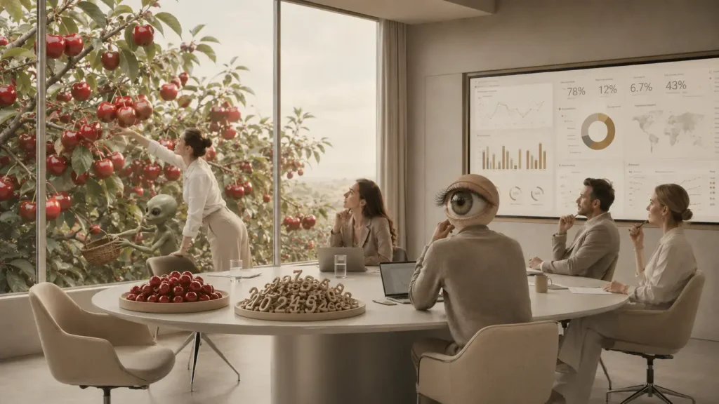 Sala de reuniones surrealista sobre cherry picking en IA, con una mujer alcanzando cerezas gigantes, un marcianito con cesta, una persona con cabeza de ojo y bandejas de cerezas y números sobre la mesa