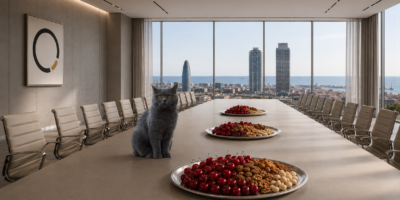 Sala de dirección de GaeaPeople con Frida la gata mirando a cámara, tres bandejas de frutos secos y cerezas rojas, sillas de diseño y vistas al mar de Barcelona con la Torre Mapfre