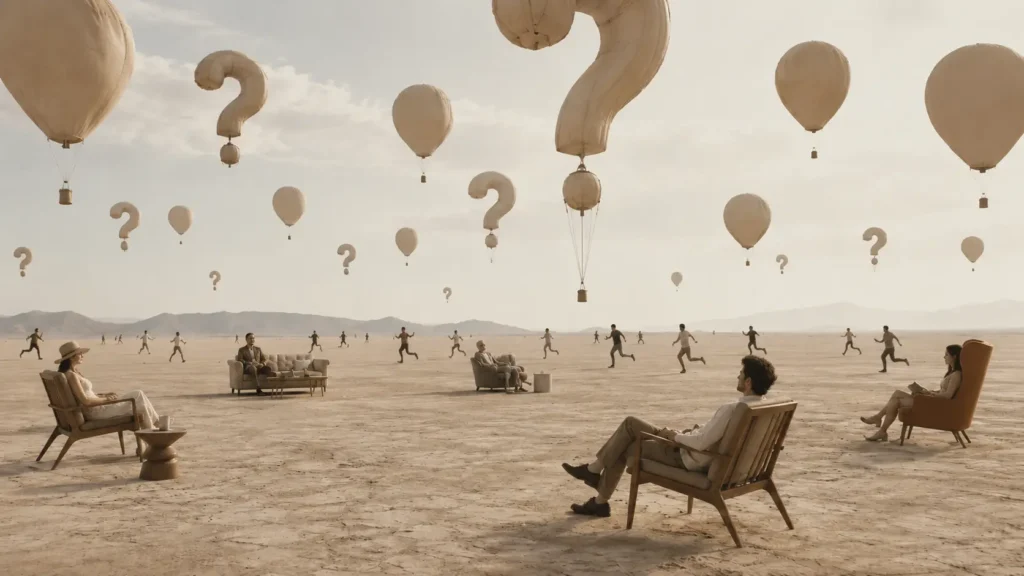 Escena surrealista en un desierto con globos en forma de interrogante, personas corriendo y otras sentadas en sillones, como metáfora de la confusión ante los agentes IA