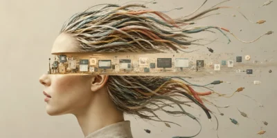Perfil de una mujer con el cabello formado por cables de colores y una línea de tiempo de herramientas digitales atravesando su mente, como metáfora de la evolución acelerada de la IA