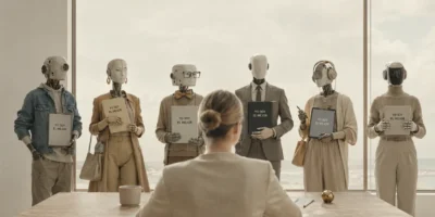 Mujer evaluando a varios agentes IA con estilos diferentes que sostienen propuestas frente a una mesa, como metáfora de la competencia entre herramientas de inteligencia artificial