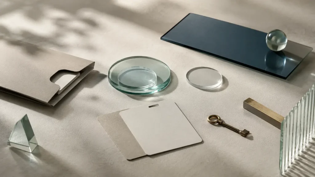 Mesa editorial con carpeta neutra, lentes translúcidas, tarjetas sin texto, llave discreta y plano azul petróleo, como metáfora de revisión y criterio en ciberseguridad