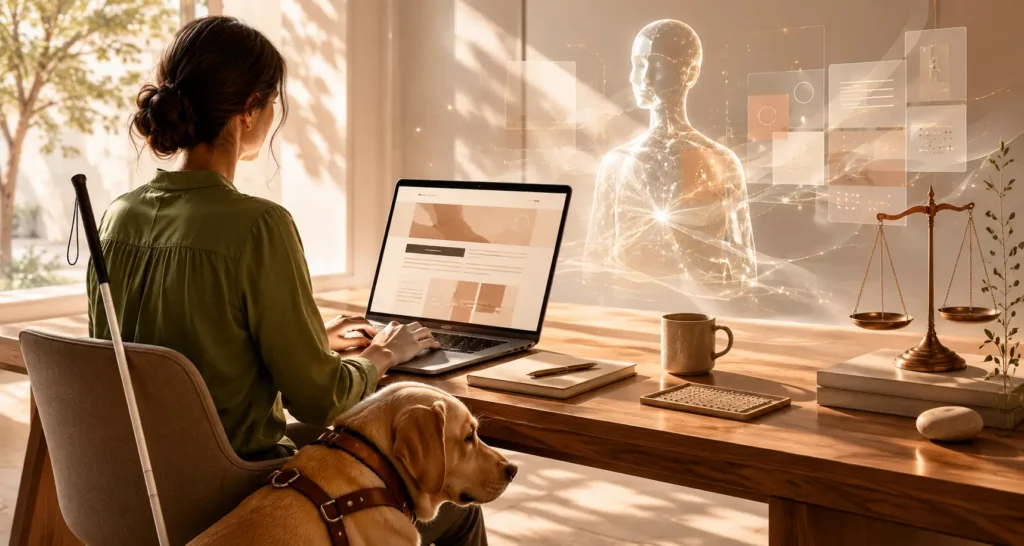 Mujer ciega con blusa verde usa una web en un portátil junto a su perro guía, mientras una figura digital y una balanza simbolizan IA, accesibilidad y ley.